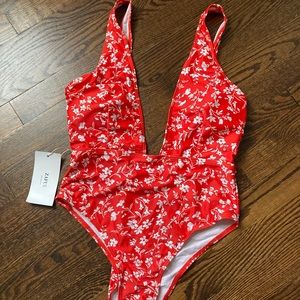 Red white flower one piece swimsuit NWT